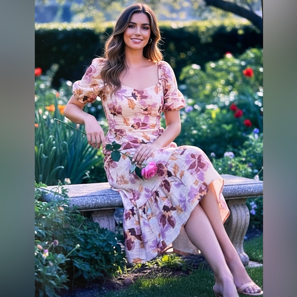 London Times Pink Floral Puff-Sleeve Midi Dress